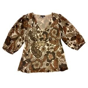 Y2K Earthy Burnt Orange, Cream, and Green Sheer Floral Puff Sleeve Blouse (M)